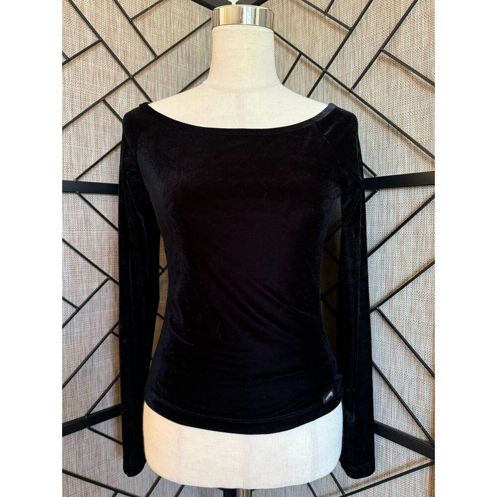 Guess Women’s Vtg Long Sleeve Off The Shoulder Black Whimsygoth Velveteen Top M